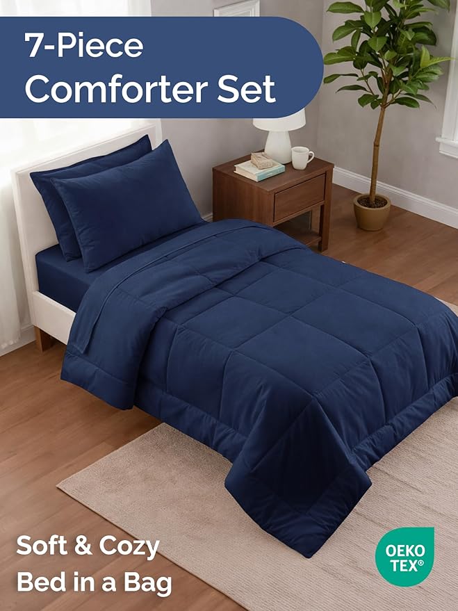 Twin Comforter Set - 5 Piece Bed in a Bag Twin Size Bed Set - Down Alternative Comforter, Flat Sheet, Fitted Sheet, Pillowcase & Sham for All Seasons - Ultra Soft, Cozy, Comfy & Breathable - Navy Blue