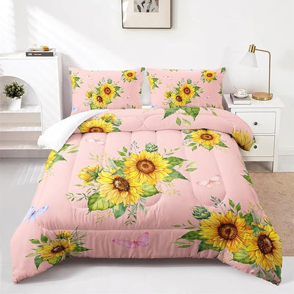 Sunflower Pink Comforter Set Full Size for Women Adults,3 Piece Butterfly Floral Bedding Set,Microfiber Quilts with 2 Shams Soft Lightweight Quilt Room Decor,Pink