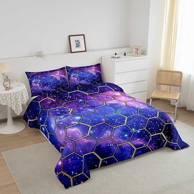 Manfei Blue Galaxy Comforter Set Full Size, Geometric Hexagon Print Bedding Set 3pcs, Purple Starry Sky Honeycomb Down Comforter for All Season, Kids Boys Girls Room Decor, 2 Pillowcases