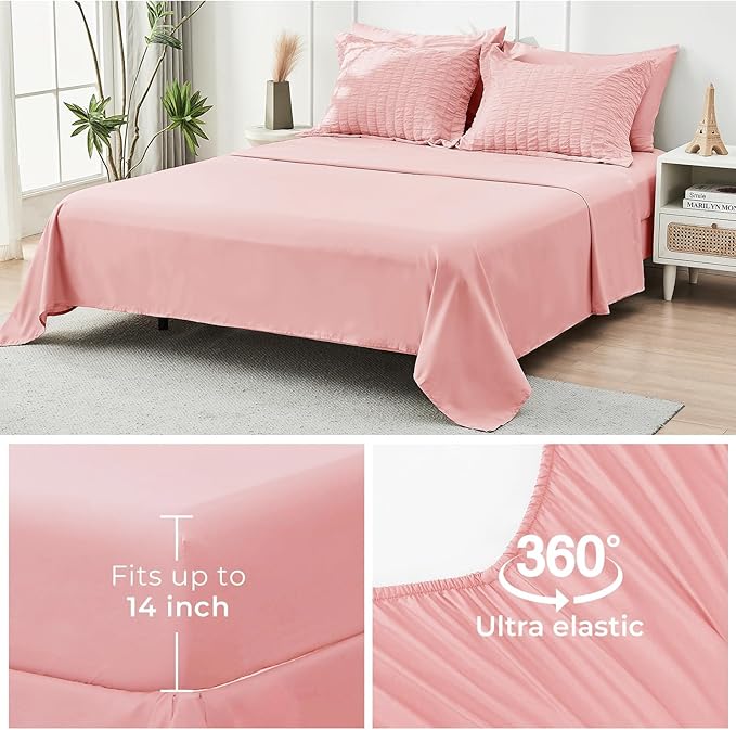 HYMOKEGE Rose Pink California King Comforter Set Seersucker 7 Pieces, All Season Luxury Bed in a Bag for Bedroom, Bedding Set with Comforter, Sheets, Pillowcases & Shams