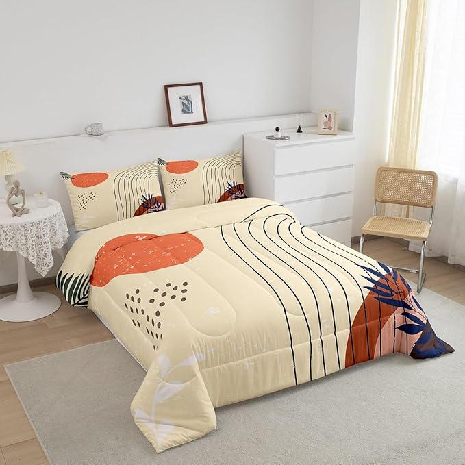 Erosebridal Retro Minimalism Comforter Set Queen Hippie Modern Bedding Set, Mid Century Down Comforter Abstract Art Bed Set, Geometric Lines Stripes Quilted Duvet Red Sun Print Bedroom Decoratives