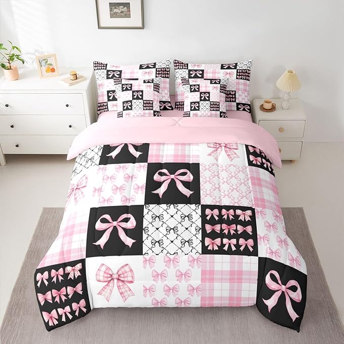 Feelyou Black Pink Bow Comforter Set with Sheets 7 Piece King Size Princess Bow Bedding Set for Kids Boys Girls Cute Bowknot Bed in a Bag Kawaii Room Decor Soft Lightweight Microfiber