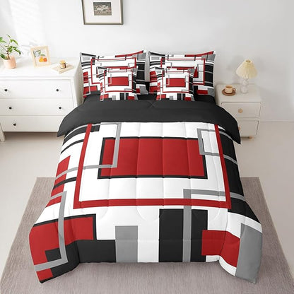Erosebridal 7Pcs Red Black White Abstract Geometric Comforter Set Full,Aesthetics Art Modern Bed in A Bag for Minimalist,Mid Century Modern Bedding with Bed Sheets,Contemporary Boho Striped Quilt