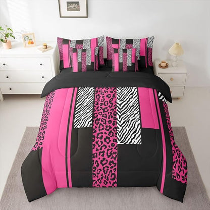 Erosebridal Leopard Print Stripes Black Pink Girls Women 7 Piece Bedding Set Twin | Wild Animal Skin Comforter Set with Sheets Zebra Cheetah Fur Pattern Bed in A Bag Adults Geometric Bed Sets