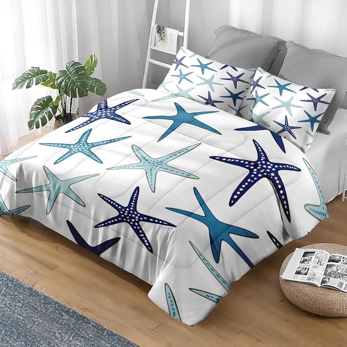 Comforter Set King Size, Coastal Nautical Starfish Soft 3 Pcs Bedding for Kids and Adults, Navy Blue Turquoise Sea Comforter Set with Pillowcase, for Bedroom Bed Decor