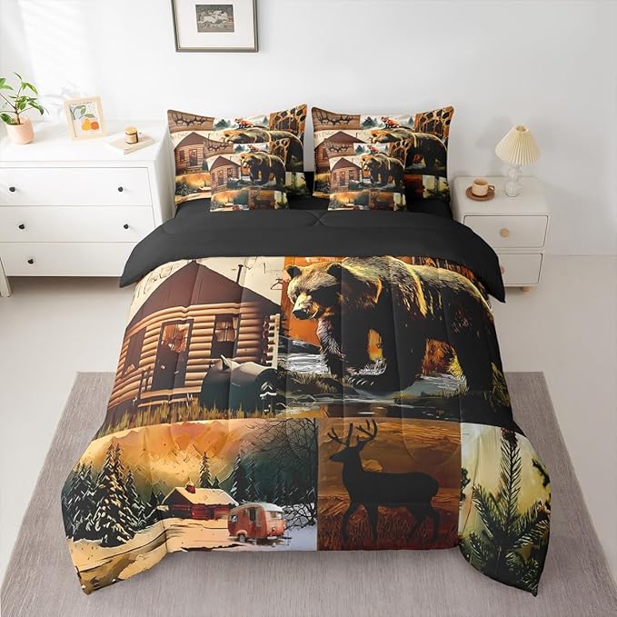 Erosebridal Rustic Lodge 7 Piece Comforter Set Twin Size Bear Deer Fox Cabin Bedding Set for Kids Teens Adult | Country Woodland Animals Duvet Insert Vintage Barn Pine Trees Brown Black Sheets