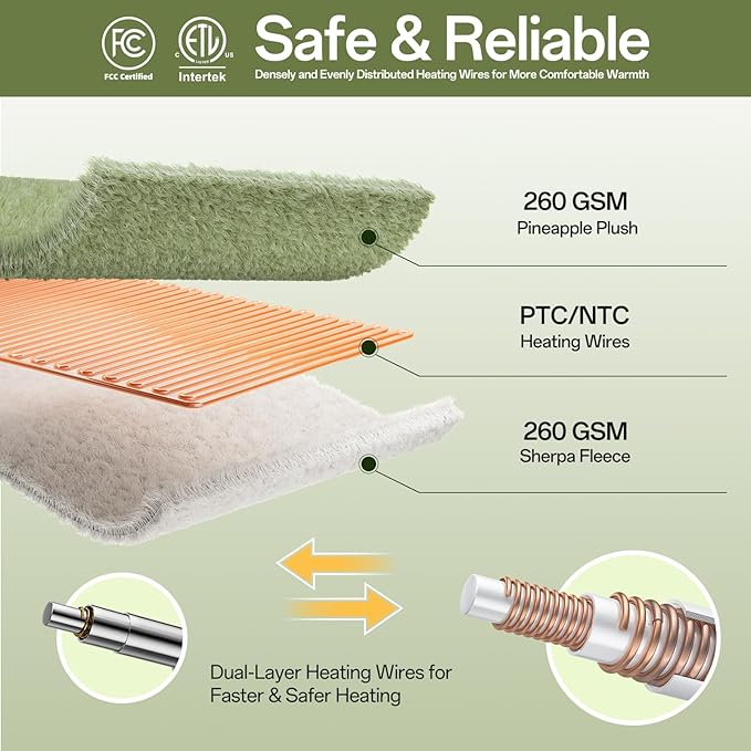 Heated Blanket Electric Blanket King Size, 90" x 100" Fast Heating Blanket with Dual Control 8 Heating Levels & 10 Hours Auto Off, Machine Washable, ETL & FCC Certification, Green