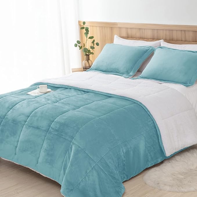 Seward Park Smoke Blue Sherpa Comforter Set Twin XL Size, All Season Soft Warm Fleece Fall Blanket, Winter College Dorm Bedding Sets with 1 Pillow Sham