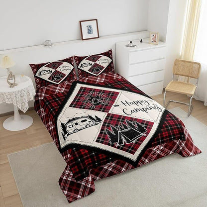 Feelyou Camper Comforter Set Queen Size Kids Happy Camping Comforter for Boys Teens Wood Grain Fire Tree Camper Accessories for Travel Trailers Bedding Set Black Red Duvet Set Room Decor