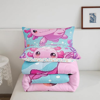 Cute Axolotl Kids Comforter Set Toddler Size,Pink Kawaii Animal Ocean Sealife Reversible Quilt Set for Boys Girls Teens,Lovely Cartoon Blue Sea Coral Duvet Insert with 1 Pillowcase