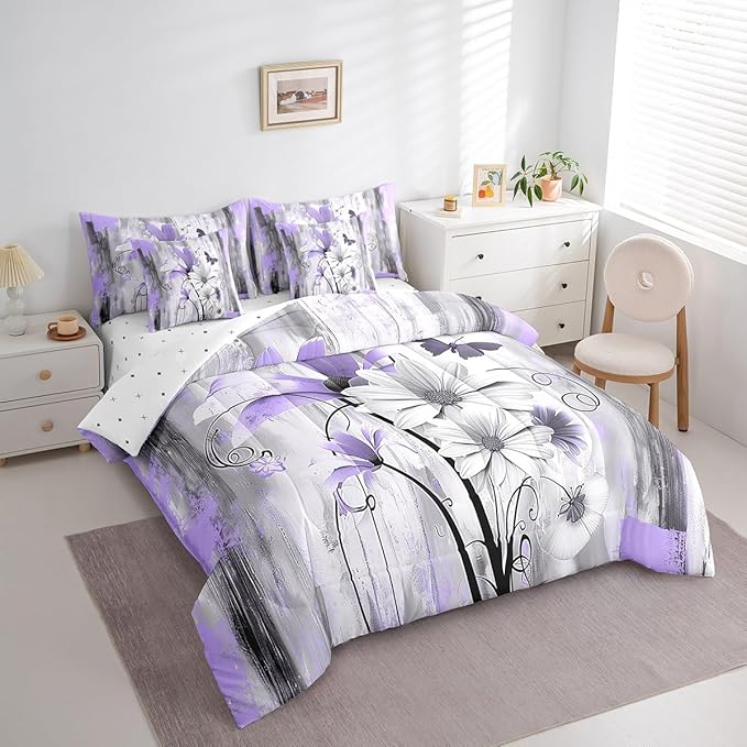Feelyou Girls Daisy Flower Comforter Set with Sheets King Size 7 Pieces Kids Vintage Floral Butterfly Bedding Set for Boys Women Teens Purple Grey White Simple Modern Abstract Art Bed in a Bag