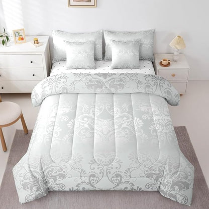 Erosebridal Gothic Damask Comforter Set 7 Piece Bed in a Bag Twin,Exotic Moth Bedding Sets Silver White Victorian Floral Goth Sheet Set with Comforter