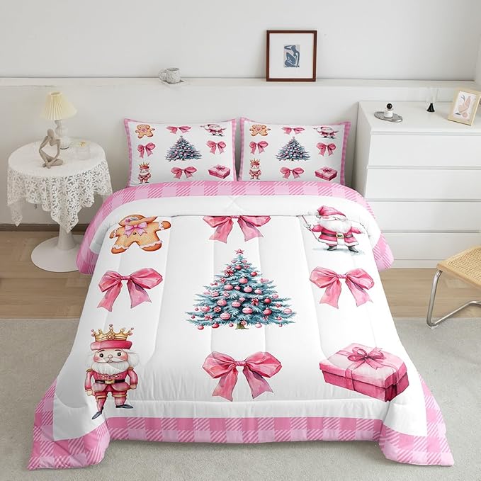 Erosebridal Christmas Tree Bedding Comforter Sets Pink Xmas Bowknot Bedding Set Full for Kids Girls Teen,Cute Santa Claus Gingerbread Man Comforter Set Kawaii Grid Plaid Quilt Duvet