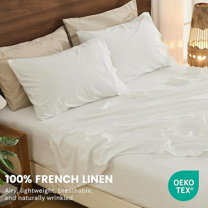 Bedlifes 100% French Flax Linen Sheets Set King Size - 6 Piece Extra Deep Pocket 18-24",Soft Breathable King Bed Sheets with Temperature Regulating & Moisture-Wicking(White