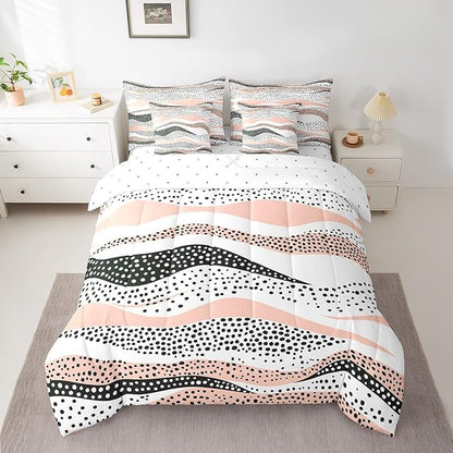 Erosebridal Geometric Wave Bed in a Bag 7-Piece Girls Black White Pink Bedding Set, Black Polka Dots Queen Size Comforter Set Modern Abstract Art Bedding Comforter Sets, Vintage Minimalist Bed Set