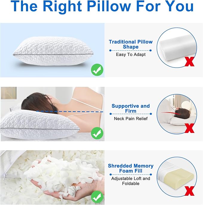 Cooling King Size Pillows Set of 2, Shredded Memory Foam Pillows, Adjustable Firm Bed Pillows Cool Cold Pillow for Hot Side Back Stomach Sleepers with Removable Washable Cover, 20" x 36", White