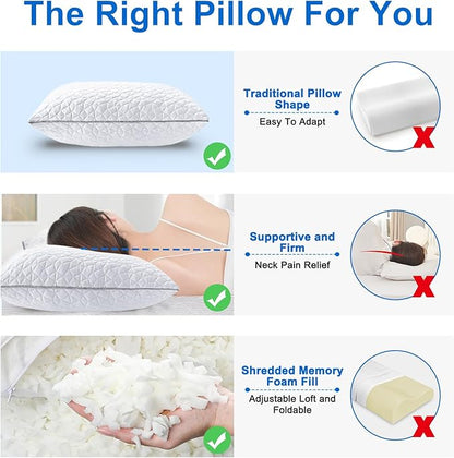 Cooling King Size Pillows Set of 2, Shredded Memory Foam Pillows, Adjustable Firm Bed Pillows Cool Cold Pillow for Hot Side Back Stomach Sleepers with Removable Washable Cover, 20" x 36", White