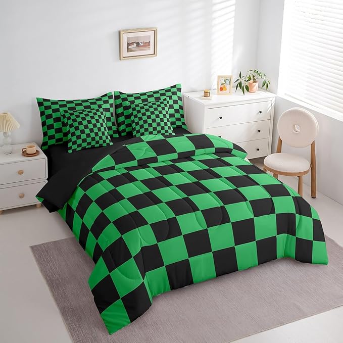 Feelyou Checkered 7 Piece Bedding Set Teen Green Black Plaid Comforter Set with Sheets Full Size Kids Boys Cute Retro Neutral Checkerboard Geometric Bed in a Bag Vintage Aesthetic Room Decor
