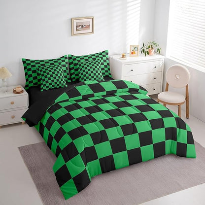 Feelyou Checkered 7 Piece Bedding Set Teen Green Black Plaid Comforter Set with Sheets Twin Size Kids Boys Cute Retro Neutral Checkerboard Geometric Bed in a Bag Vintage Aesthetic Room Decor