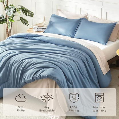 Litanika Full Size Comforter Sets Grayish Blue, 3 Pieces Lightweight Solid Bedding Comforter Set, All Season Fluffy Bed Set (79x90In Comforter & 2 Pillowcases)