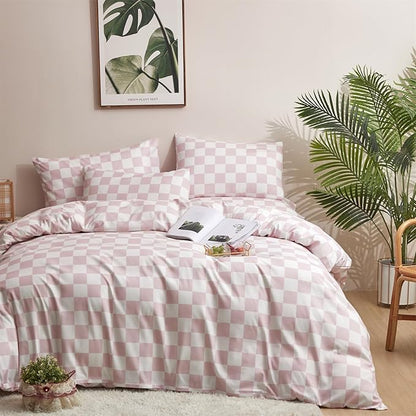KAREVER Pink White Grid Comforter Set Twin Pink Plaid Bedding Set Girls Blush White Checkered Bed Blanket Set Kids Breathable Durable Bedding Comforter Set
