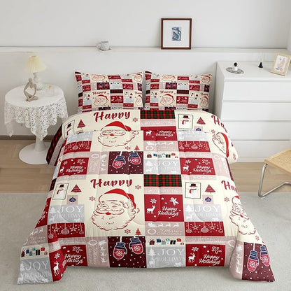 Christmas Santa Claus Comforter SetCute Red Geometric Grid Patchwork Bedding Set Kids Girls Boys Room DecorCartoon Xmas Deer Snowflake Bells Quilt Set Happy New Year Duvet Insert Queen Size