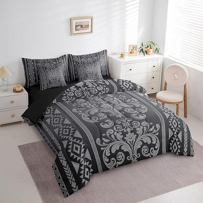 Comforter Set Twin Size, Blue Grey Aztec Damask 7 Pcs Bedding for Kids and Adults, Victorian Decor Western Baroque Goth Bed Sheet Sets with Fitted Sheet 2 Pillowcases & 2 Shams for Bedroom Bed Decor