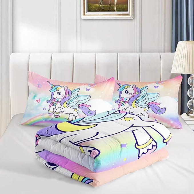 Unicorn Comforter Set for Girls Butterfly Bedding Set Rainbow Quilt Set Queen with 1 Comforter and 2 Pillowcases