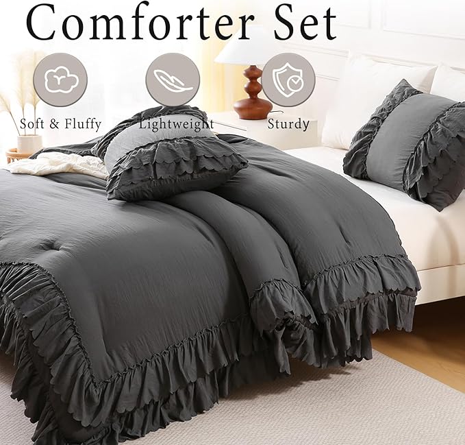 Herside Dark Grey Ruffle Comforter Set Queen Size,Shabby Chic Boho Bedding Sets, Soft Fluffy Comforters Sets for All Season,Vintage Ruffled 3 Pcs Microfiber Lightweight Quilt Set for Women Girls