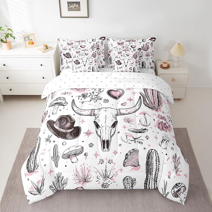 Feelyou Western Cow Skull Comforter Set with Sheets King Size Kids Longhorn Skull 7 Pieces Bedding Set for Boys Girls Teens West Cowboy Bed in a Bag Breathable Hat Bed Set Cactus