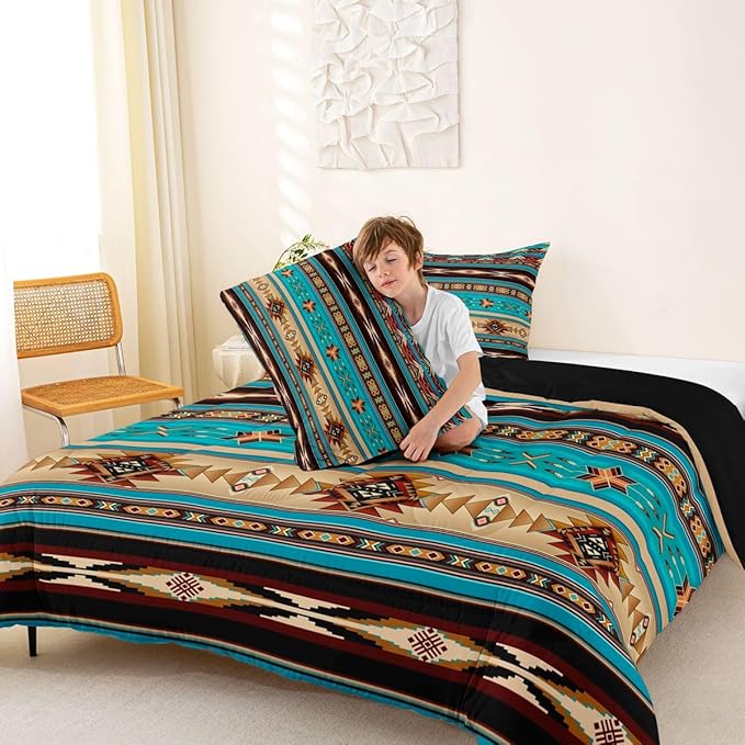 Aztec Bedding Set Ethnic Tribal Arrow Queen Comforter Set,Vintage Southwestern Native Bohemian Quilt,Western Star Duvet Insert Exotic Geometric Diamond Stripes Room Decor,Teal Blue and Brown