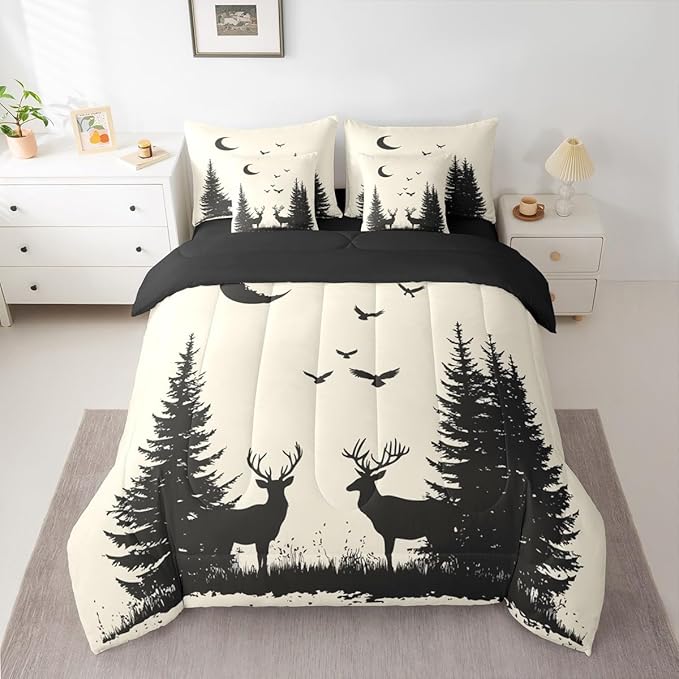 Erosebridal King Size Rustic Deer Comforter Set with Sheets 7 Pcs | Forest Cute Moose Wild Animal Bedding Set for Kids Boys Girls Farmhouse Cabin Lodge Bed in A Bag Tree Moon Woodland Quilt Sets