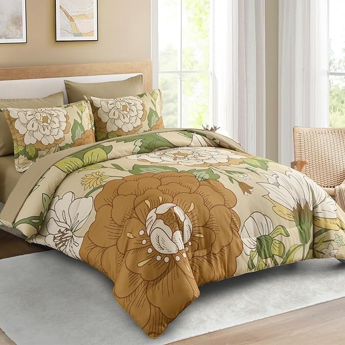 DJY Floral Comforter Set Queen Size Boho Bed in a Bag 7 Pieces Yellow Botanical Pattern Comforter with Sheet Set, Soft Microfiber Farmhouse Bedding Set for All Season (90''x90'')