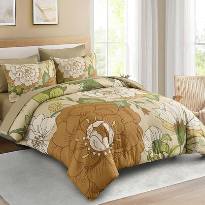 DJY Floral Comforter Set Queen Size Boho Bed in a Bag 7 Pieces Yellow Botanical Pattern Comforter with Sheet Set, Soft Microfiber Farmhouse Bedding Set for All Season (90''x90'')