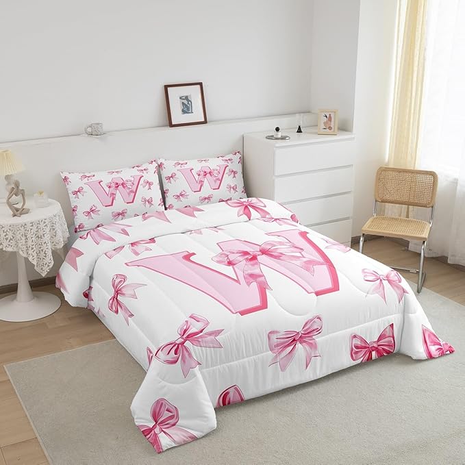 Erosebridal Pink Bowknot Toddler Bedding Set for Girls,Initial Letter W Comforter Set for Kids Teen Women,Pink Watercolor Monogrammed Bedding Comforter Sets Dreamy Princess Bow Quilt Duvet Room Decor
