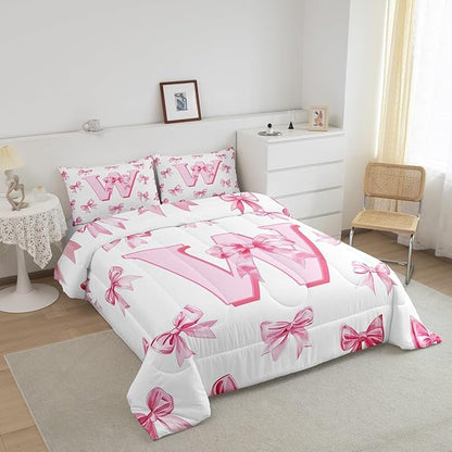 Erosebridal Pink Bowknot Toddler Bedding Set for Girls,Initial Letter W Comforter Set for Kids Teen Women,Pink Watercolor Monogrammed Bedding Comforter Sets Dreamy Princess Bow Quilt Duvet Room Decor