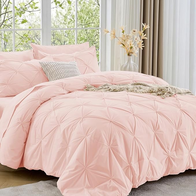 Sasttie Twin Comforter Set, 5-Piece Bed in a Bag, Pintuck Bedding Sets for All Season, Includes Comforter, Flat Sheet, Fitted Sheet, Pillowcase and Pillowsham, Blush Pink
