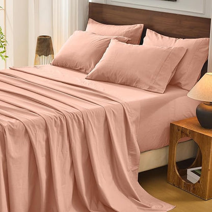 Bedlifes 100% French Flax Linen Sheets Set Queen Size - 6 Piece Extra Deep Pocket 18-24",Soft Breathable Queen Bed Sheets with Temperature Regulating & Moisture-Wicking(Blush Pink