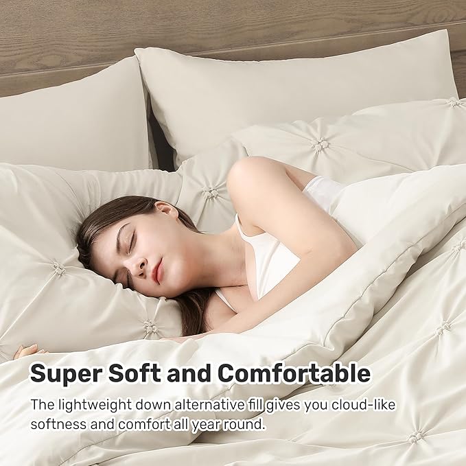UNIKOME Queen Comforter Set Beige - Ultra Soft Boho Pintuck Cream Down Alternative Bedding Set for All Seasons, 3 Pieces Lightweight Warm Pinch Pleat Bed Set with Comforter, 2 Pillowcases