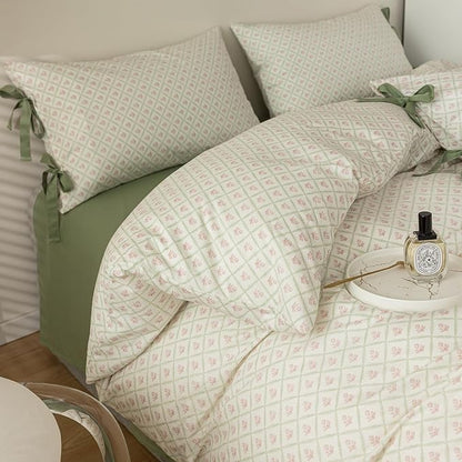 HighBuy Vintage Full Comforter Set Fluffy Cozy with Pink Floral Plaid Print Coquette Cottagecore Bedding Comforter with 2 Bowknot Bow Tie Pillowcases Boho Chic Comforter Set for Women Girls