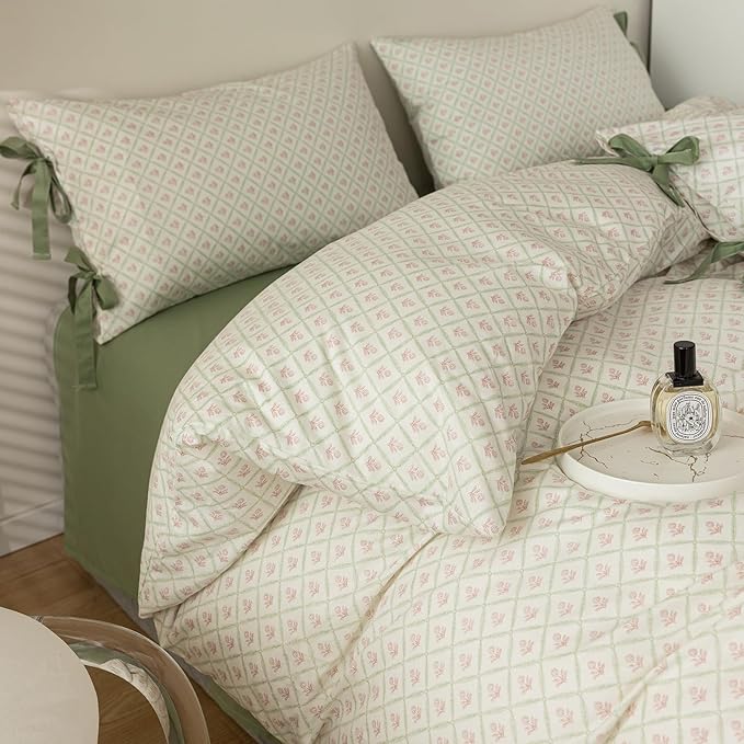 HighBuy Vintage Floral Comforter Set King Size Cozy Fluffy Pink Flower Grids Print Comforter with 2 Bowknot Bow Tie Pillowcases Farmhouse Chic Coquette Aesthetic Bedding Comforter Set