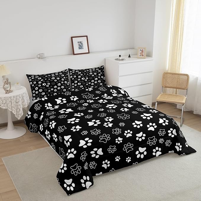 Manfei Dog Paw Print Comforter Set Queen Size, Black and White Animal Footprint Bedding Set for Kids Boys Girls Room Decor, Animal Theme Down Comforter, Soft Polyester Quilt Set,2 Pillowcases