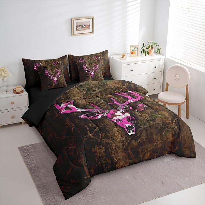 Erosebridal Deer Skull 7 Piece Bedding Set Queen Boho Comforter Set with Sheets Hunting Elk Western Camouflage Leaves Bed in a Bag Branches Pattern Purple Brown for Teens Men Women