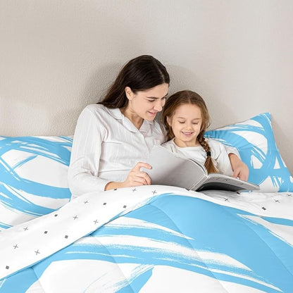 Blue and White Abstarct Comforter Set Twin Size for Kids Boys Girs,Graffiti Stripes Lines Bedding Set,Aesthetic Geometric Duvet Insert for Minimalists,Contemporary Boho Modern Art Quilt