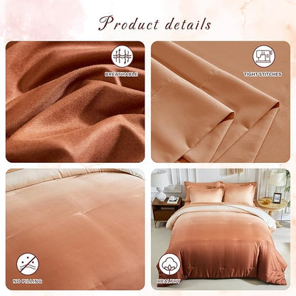 Burnt Orange and Pumpkin Gradient Comforter Set Queen Size 7 Pieces Elegant Ombre Bed in a Bag - Reversible Bedding Set with Comforter, Flat Sheet, Fitted Sheet, 2 Pillowcases & 2 Pillow Shams