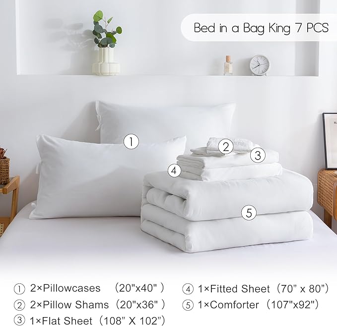 COTTEBED Super Soft King Size Comforter Set with Sheets - 7 Pieces KING BED IN A BAG Modern Farmhouse Hotel PolyCotton Down Comforter and Bedding Sheet Set Pillow Sham Lightweight All Season Use White