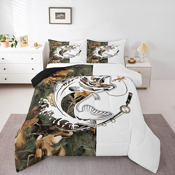 Erosebridal Camo Fishing King Bedding Set - Big Bass Pike Fish Comforter Set for Boys Kids Men | Rustic Cabin Farmhouse Quilt | Camouflage Hunting Bedroom Decor with 2 Pillowcases