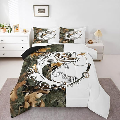 Erosebridal Camo Fishing King Bedding Set - Big Bass Pike Fish Comforter Set for Boys Kids Men | Rustic Cabin Farmhouse Quilt | Camouflage Hunting Bedroom Decor with 2 Pillowcases