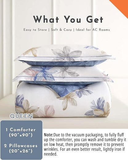 Natural Cotton 3pcs Floral Comforter Sets Queen Size - Grayish White Comfoter with Blush & Tan Floral Print, Aegean Blue Reverse, Vintage Lightweight Bedding Sets(Queen 90"×90")