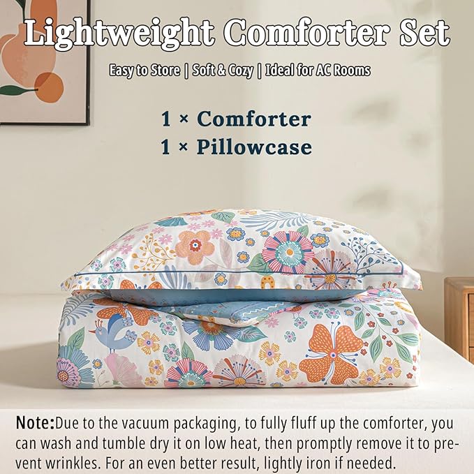 Blue Floral Cotton Comforter Twin Size - Vibrant Artistic Blooms & Boho Geometric Patterns, White & Soft Blue, 2PC Lightweight Bedding Sets with Down Alternative Fill(68"×90")